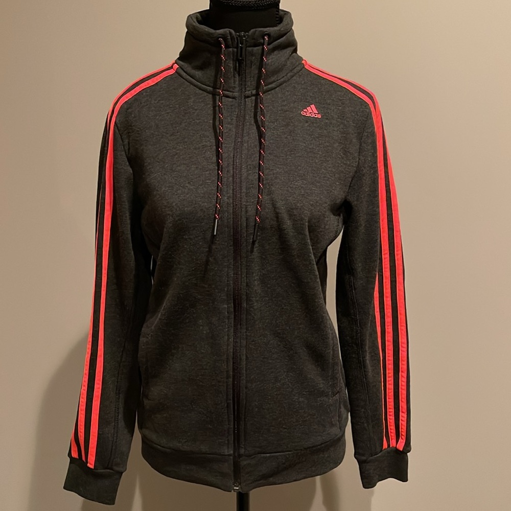 ADIDAS Climalite Essentials 3-Stripes Hoodie. Dark Grey with Orange. Size Small.